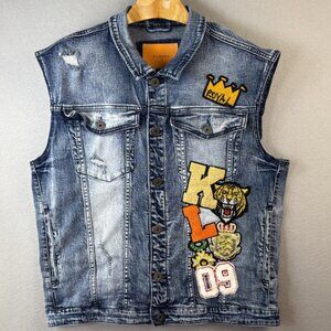 KLOUD9 Jeans Vest Mens Size XL Patchwork Embroidered‎ Biker Rocker Acid Wash Y2K